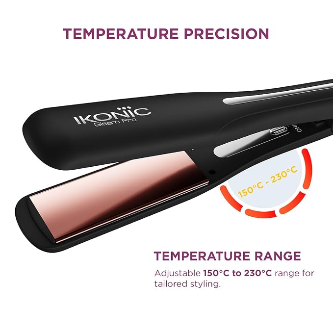 Ikonic Professional Gleam Pro Hair Straightener For Women, 1.5 Inch Titanium Rose Gold Floating Plates,Digital Temperature Control 150°C-230°C , Instant Heat-Up , Auto Shut-Off Safety, Professional Salon Hair Styling Tool, Black