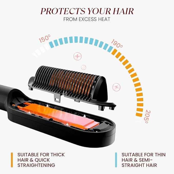 MakeMeeBold Hair Straightener Brush | Frizz Free Hair | Electric Hair Straightner Comb | Gifts for woman | With Ceramic Coated Plates, 5 Temperature Controls, Black