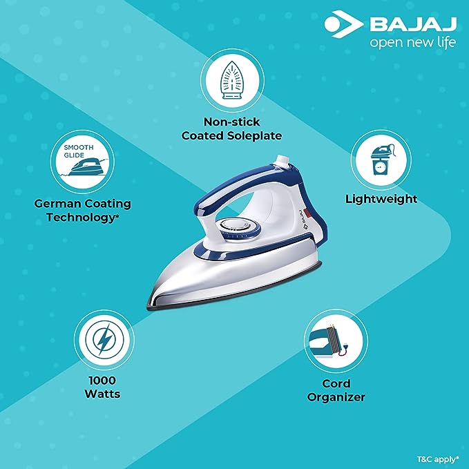 Bajaj Stainless Steel Majesty Dx-11 1000 Watts Dry Iron With Advance Soleplate And Anti-Bacterial German Coating Technology, White And Blue