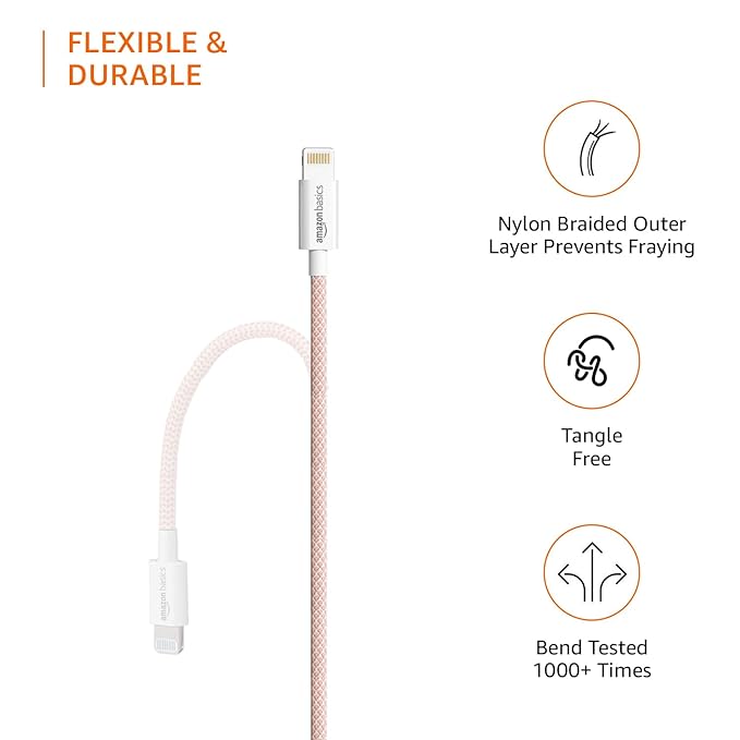 Amazon Basics New Release Nylon USB-A to Lightning Cable Cord, Fast Charging MFi Certified Charger for Apple iPhone, iPad (3-Ft, Rose Gold)