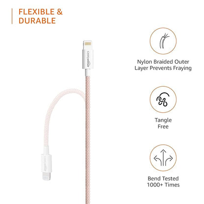 Amazon Basics New Release Nylon USB-A to Lightning Cable Cord, Fast Charging MFi Certified Charger for Apple iPhone, iPad (3-Ft, Rose Gold)