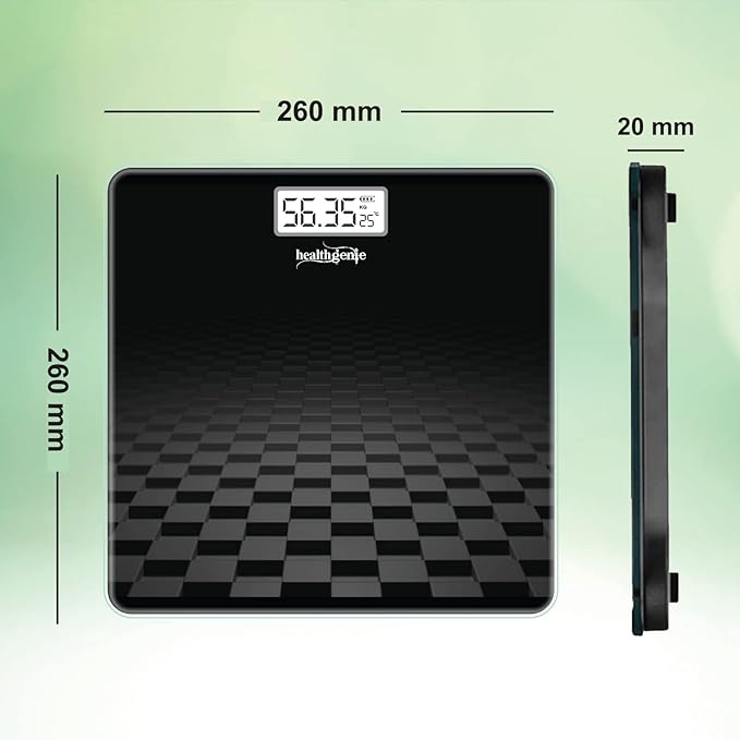 Healthgenie Weight Machine for Body Weight Thick & Tempered Glass, LCD Display With 3 Years Warranty (Black Checkered)