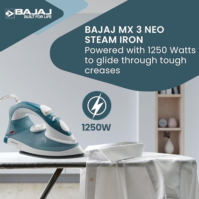 Bajaj Plastic Mx 3 Neo Steam Iron| 1250 Watts Power For Faster Ironing| Vertical & Horizontal Ironing| Spray Function| Anti-Bacterial & Non-Stick Soleplate Coating| 2-Yr Warranty By Bajaj| Blue