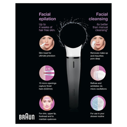 Braun Face 810 Mini Facial Epilator for Women, Cleansing Brush with Micro-Oscillations, Precise Root Hair Removal, Slim Head, Pore-Deep Cleansing, Cordless, White