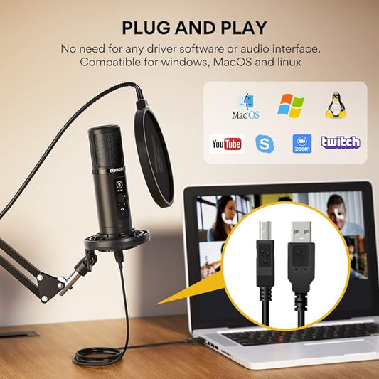 Roll over image to zoom in Maono AU-PM422 Podcast Microphone with Zero Latency Monitoring, 192KHZ/24BIT Professional Cardioid Condenser Mic with Touch Mute Button and Mic Gain Knob for Recording, Podcasting, Gaming, YouTube