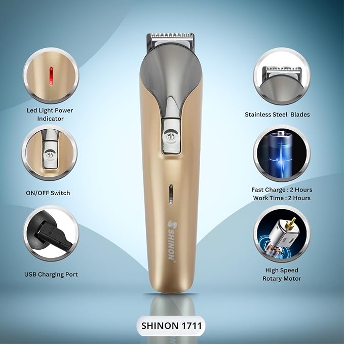 Shinon Men Shiinon Sh-1711 6-In-1,Face,Hair And Body-Multi Grooming Kit,Hair Trimmer,Beard Trimmer,Ear&Nose Trimmer Head Shaver Full Body Grooming Kit,With Charging Adaptor,Runtime 120 Mins,Gold