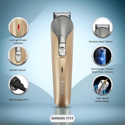 Shinon Men Shiinon Sh-1711 6-In-1,Face,Hair And Body-Multi Grooming Kit,Hair Trimmer,Beard Trimmer,Ear&Nose Trimmer Head Shaver Full Body Grooming Kit,With Charging Adaptor,Runtime 120 Mins,Gold