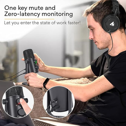 MAONO AU-902 USB Condenser Podcast Unidirectional Microphone, with Dual Volume Control, Mute Button, Monitor Headphone Jack, Plug and Play Mic for Vlogging, Gaming, Studio Recording, YouTube (Black)