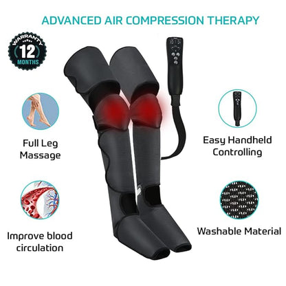 beatXP AirStream Pro Air Compression Full Leg Massager with Handheld Remote| Calf, Foot, Thigh Blood Circulation with Heat Therapy for Swelling and Edema Pain Relief, Corded Electric, Black