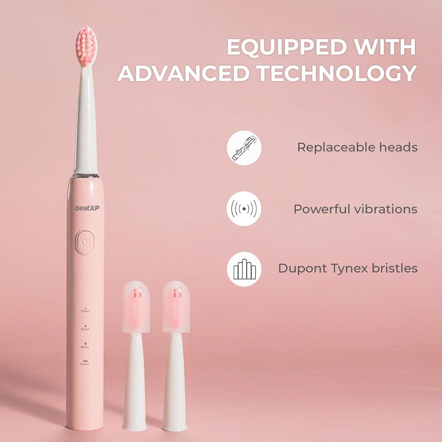 beatXP Buzz Electric Toothbrush for Adults with 2 Brush Heads & 3 Cleaning Modes|Rechargeable Electric Toothbrush with 2 Minute Timer & Quadpacer|19000 Strokes/min with Long Battery Life (Pink)