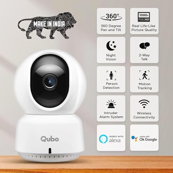 Qubo Smart 360 WiFi CCTV Security Camera for Home from Hero Group | 2MP 1080p Full HD | Mobile App | Two Way Talk | Night Vision | Cloud & SD Card Recording | Made in India | Alexa & OK Google |