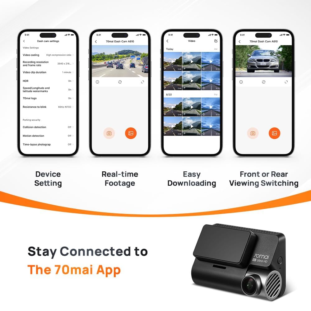 70mai A810 True 4K HDR Dual Dash Cam, Built-in GPS Logger, ADAS, Sony Starvis2 IMX678, 150° Wide, Optional Parking Mode with Motion Detection & Time Lapse, Upto 256GB Supported