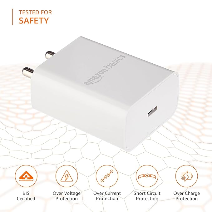 Amazon Basics 25W Compact Wall Charger | Type-C Fast Charging Adapter for Samsung, Xiaomi Phones and iPhone (White, Without Cable)