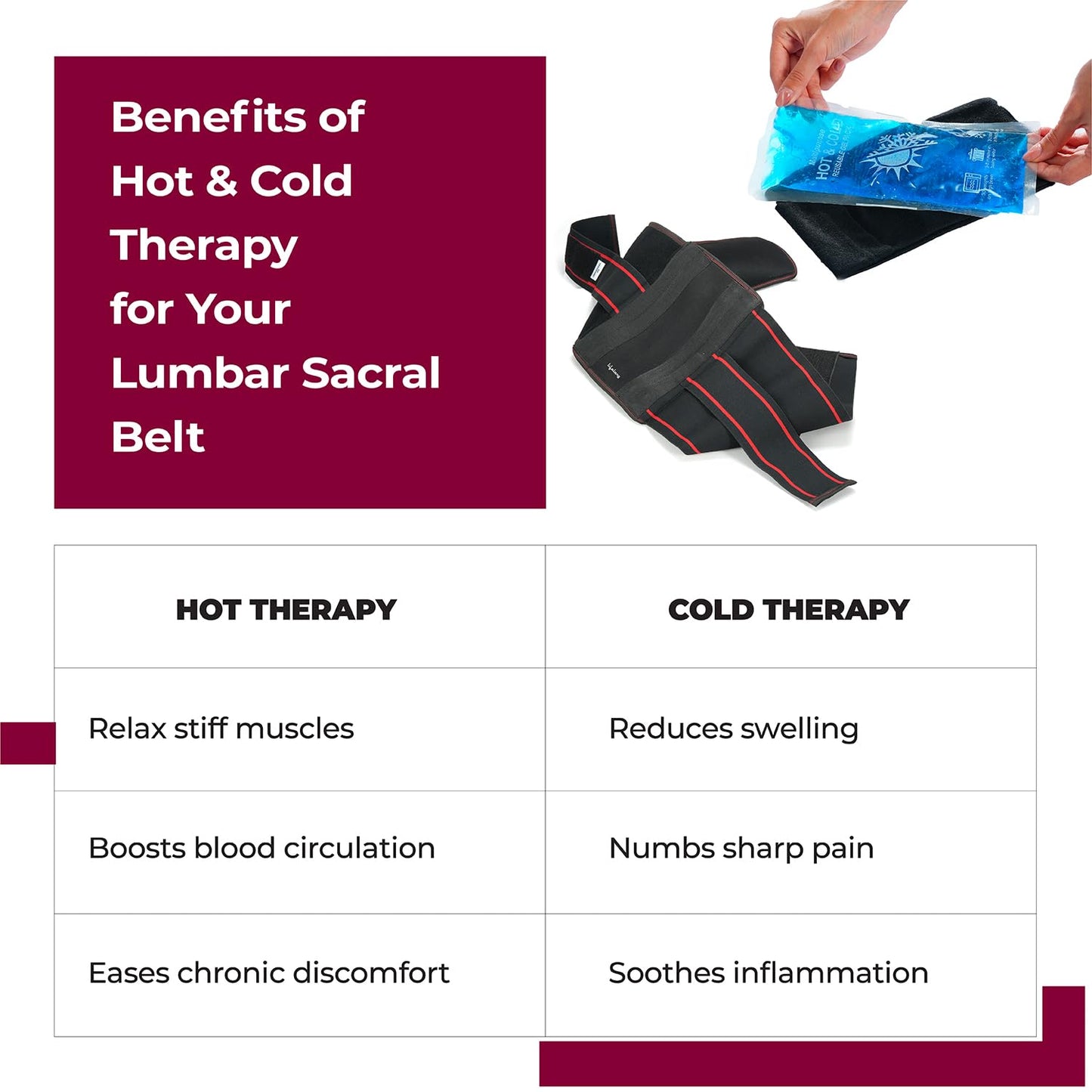Lifelong Contoured Lumbar Sacral Belt with Hot & Cold Pack | Adjustable Elastic Straps, 4 Metallic Splints & Strong Back Support | Free Size, Breathable Sweat-Free Fabric for Pain Relief & Posture (LLOBS06)