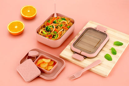 Clazkit Snack Pack Lunch Box for Kids, Adults |Tiffin Box with 2 Small Conatiner, Spoon and Fork | Leakproof 100% Food Grade | Pink |700ml