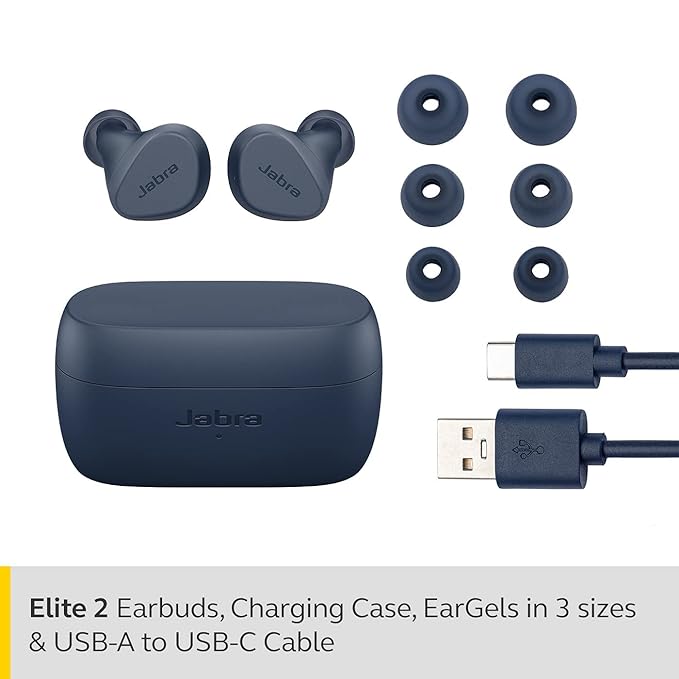 Jabra Elite 2 in Ear Wireless Bluetooth Earbuds â€“ Noise Isolating with 2 Built-in Microphones for Clear Calls, Rich Bass and Customizable Sound - Navy