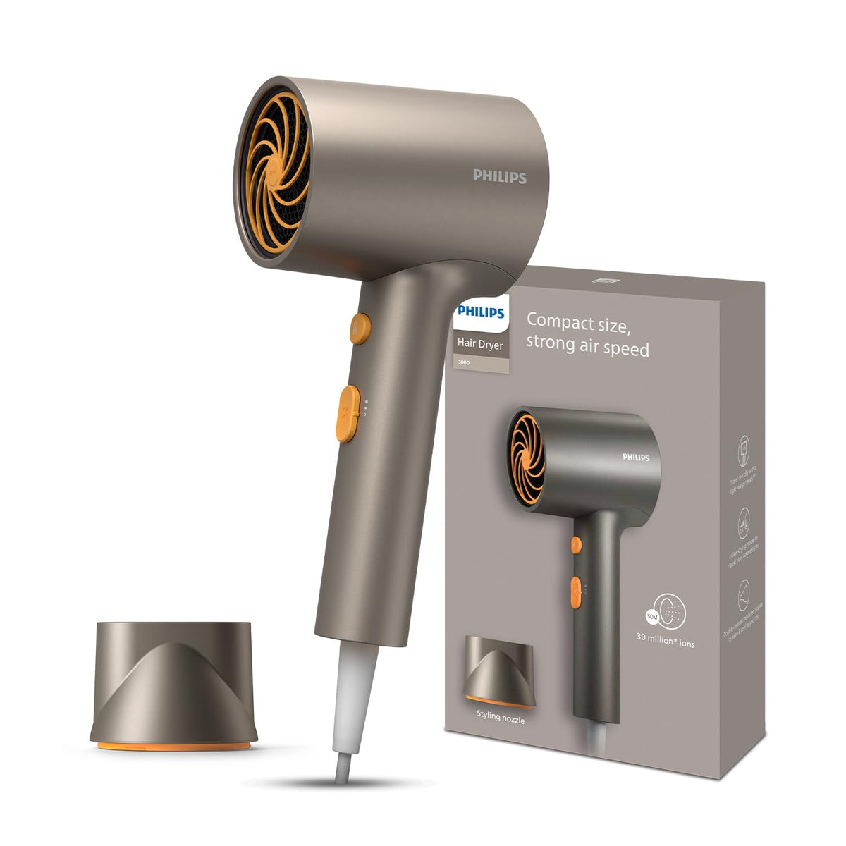 Philips Hair Dryer 1600 Watts | 4 heat x speed modes for different drying needs | 30 M Negative Ions for Smooth, Shiny Hair | BHD321/06 - Steel Grey | Perfect Blow Dry for Men & Women | 2 year Warranty