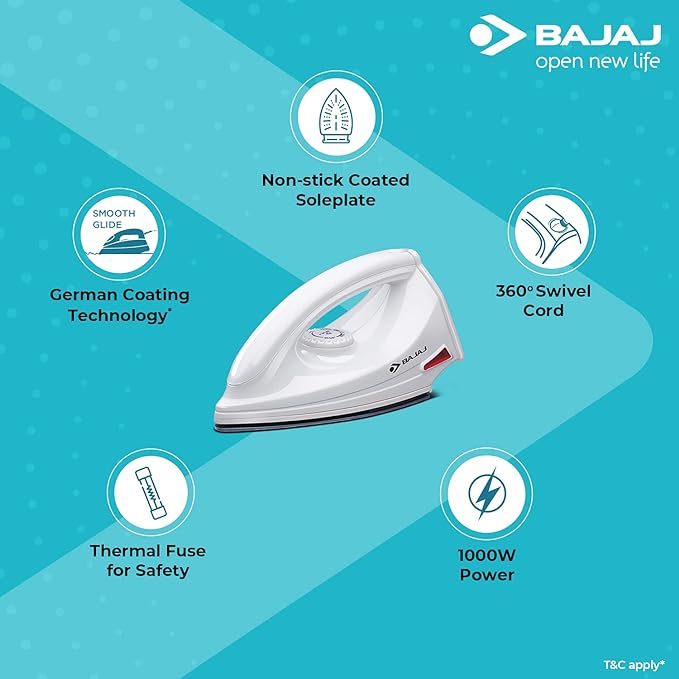 Bajaj DX-6 1000W Dry Iron with Advance Soleplate and Anti-bacterial German Coating Technology, White