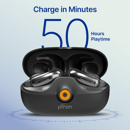 pTron Bassbuds Vortex Clips Wireless Open Ear Earbuds w/Chrome Finish, SafeBeats Tech, 50Hrs Playtime, Dual HD Mic w/AI-ENC, 10mm Driver, Pristine Sound, BTv5.4 Earclips, IPX5,Type C Charging(Black)