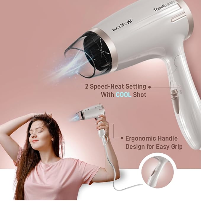 Ikonic Travel Express Foldable Hair Dryer Adustable Two Speed Setting Fast Drying 1400Watt, Compact Design Travel Friendly, All Hair Type, For Men & Women, White