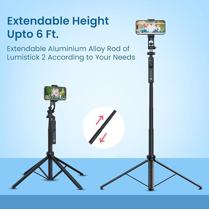 Portronics Lumistick 2 Portable Smart Selfie Stick with Upto 6ft. Tripod Stand, 3 in 1 Multifunctional Design, Detachable Bluetooth Remote Compatible for iPhone/Android, Best for Vlogging/Photo Shoot