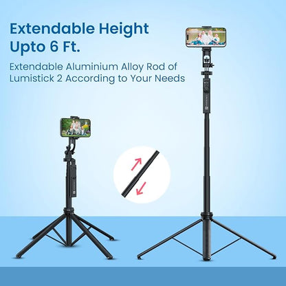Portronics Lumistick 2 Portable Smart Selfie Stick with Upto 6ft. Tripod Stand, 3 in 1 Multifunctional Design, Detachable Bluetooth Remote Compatible for iPhone/Android, Best for Vlogging/Photo Shoot