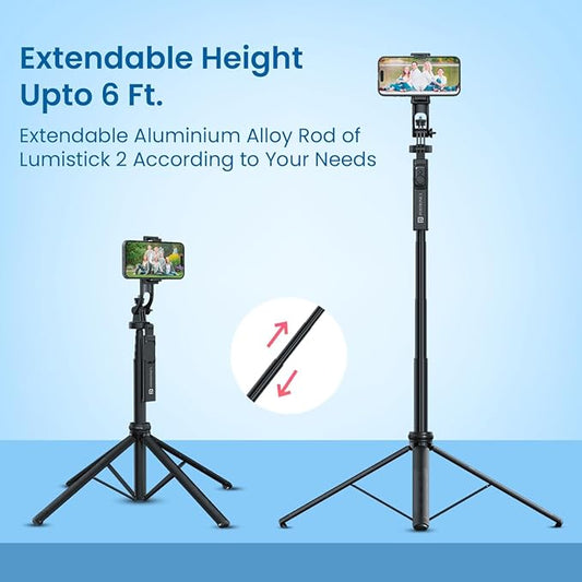 Portronics Lumistick 2 Portable Smart Selfie Stick with Upto 6ft. Tripod Stand, 3 in 1 Multifunctional Design, Detachable Bluetooth Remote Compatible for iPhone/Android, Best for Vlogging/Photo Shoot