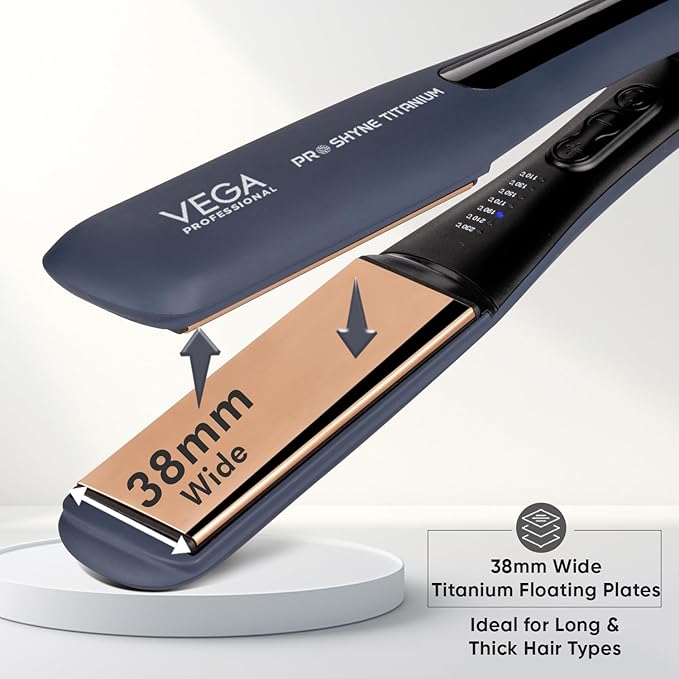VEGA PROFESSIONAL Pro-Shine Titanium Hair Straightener with 38mm Wide Rose Gold Titanium Floating Plates for Salon, Blue, (VPPHS-14)