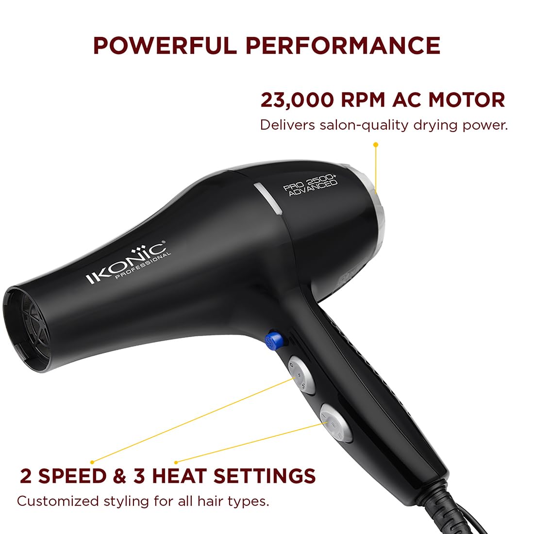 IKONIC PROFESSIONAL 2500+ ADVANCED HAIR DRYER with dual watts compatibility 2400W-2800W ideal for global setting and Ionic technology for frizz control