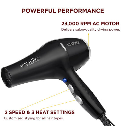 IKONIC PROFESSIONAL 2500+ ADVANCED HAIR DRYER with dual watts compatibility 2400W-2800W ideal for global setting and Ionic technology for frizz control