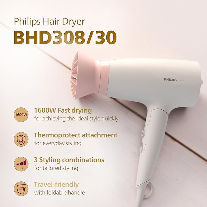 Philips Foldable Hair Dryer 1600 Watts| Powerful Salon-like Blow Drying with Less Heat | 3 Heat Settings with Cool Shot (Hot/Cool/Warm) | ThermoProtect Airflower Attachment- Pink | BHD308/30 - White | Perfect Blow Dry & Style for Men and Women