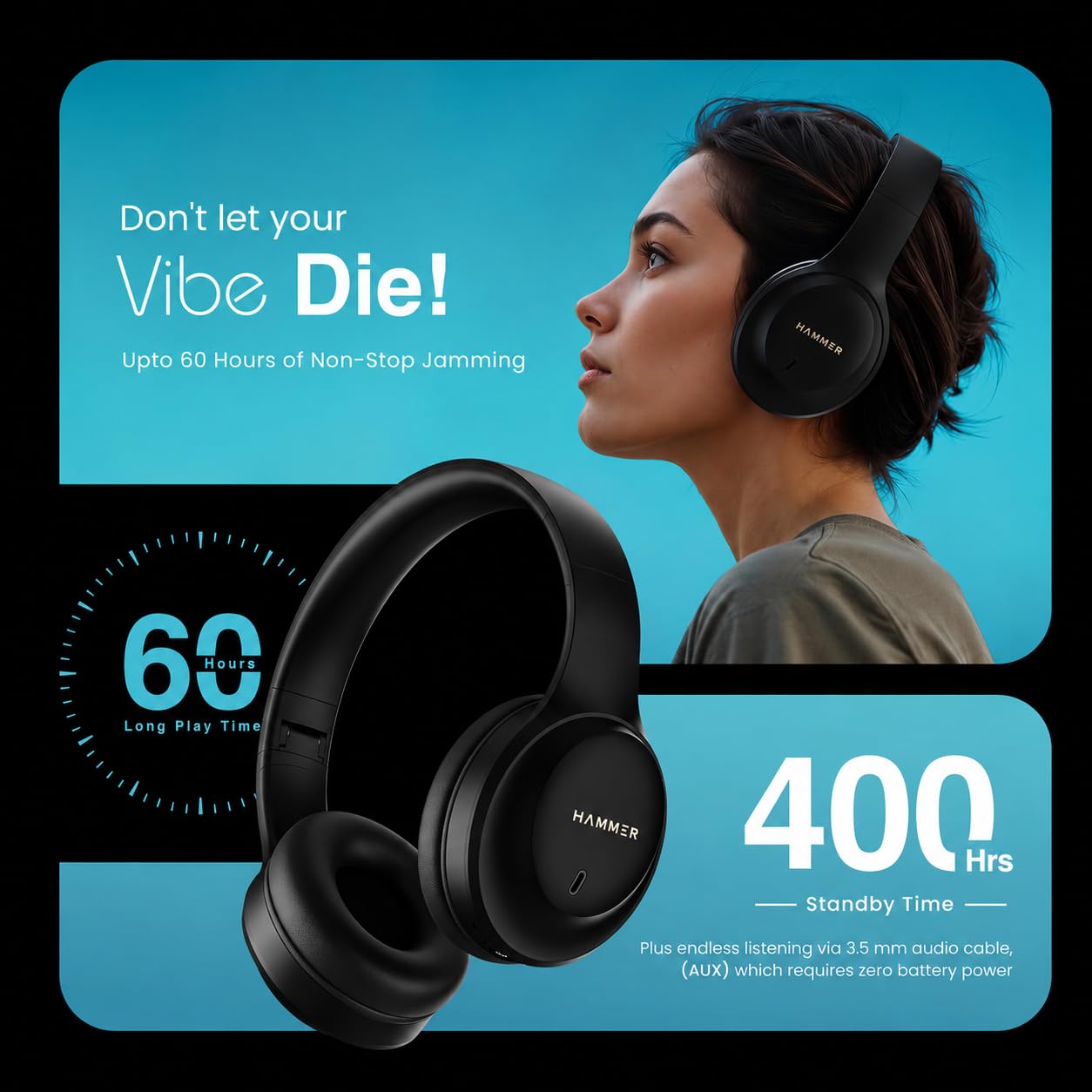HAMMER Vibe ENC Bluetooth Headphone, 40mm Driver, Dual Pairing, 60hrs Playtime, Voice Assistant, BT V5.4, Game Mode, Soft Cushions, Lightweight Headphones for Music, Gaming and Calls (Black)