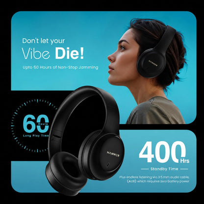 HAMMER Vibe ENC Bluetooth Headphone, 40mm Driver, Dual Pairing, 60hrs Playtime, Voice Assistant, BT V5.4, Game Mode, Soft Cushions, Lightweight Headphones for Music, Gaming and Calls (Black)