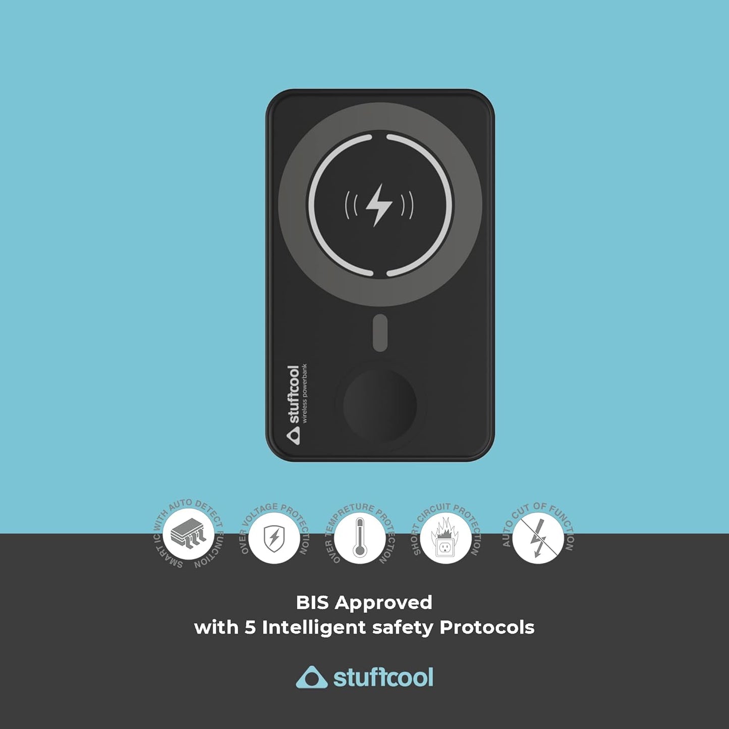 Stuffcool PB9063W 5000mAh Magnetic Powerbank Compatible with Apple Watch Charging and Leather Kick Stand - Black