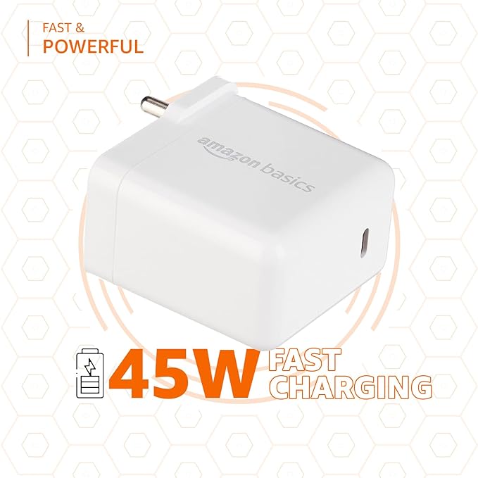 Amazon Basics 45W Compact Wall Charger | Type-C Fast Charging Adapter for Samsung, Xiaomi, OnePlus, Google Pixel, Nothing Phones and iPhone (White, Without Cable)