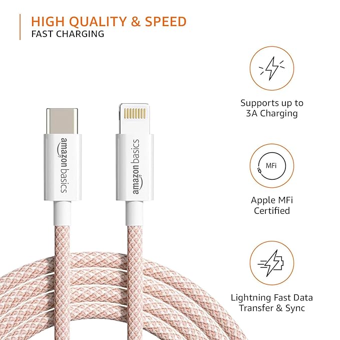 amazon basics Nylon Braided Usb-C To Lightning Cable Cord For Apple Iphone 14, 13, 12,11, X, 8, Ipad Air, Pro, Mini, Ipad | Salmon Pink, 1 Meter, Pink