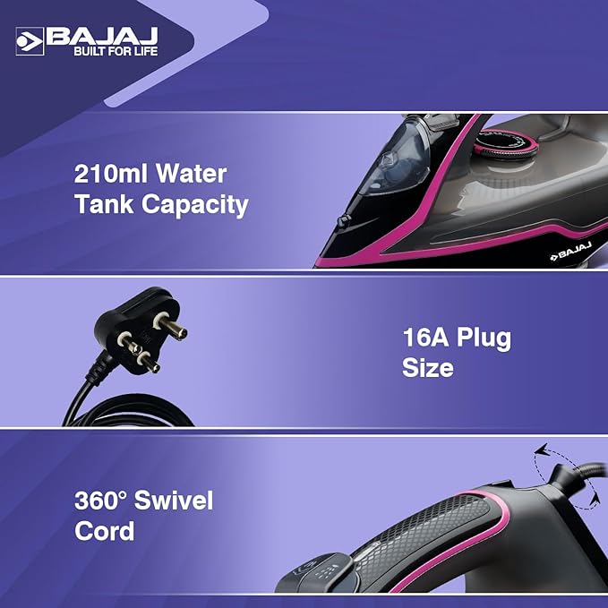 Bajaj MX-35N 2000W Steam Iron With Steam Burst, Anti-Drip & Anti-Scale Technology, Vertical And Horizontal Ironing, Non-Stick Coated Soleplate, Black & Pink, 2000 Watts