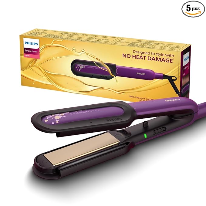 Philips India's No.1 Hair Styling Brand NourishCare Hair Straightener, No Heat Damage, Vitamin E Argan Oil Serum Strips, SilkProtect, Moisture Lock, 2 Temperature Settings, For Indian Hair, BHS526