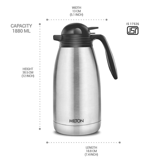 Milton Carafe 2000 Stainless Steel Double Walled Vacuum Insulated Flask with Lid and Handle, 1880 ml, Silver, Coffee/Tea Carafe Heat & Cold Retention, Leak Proof, Rust Free, Easy to Carry