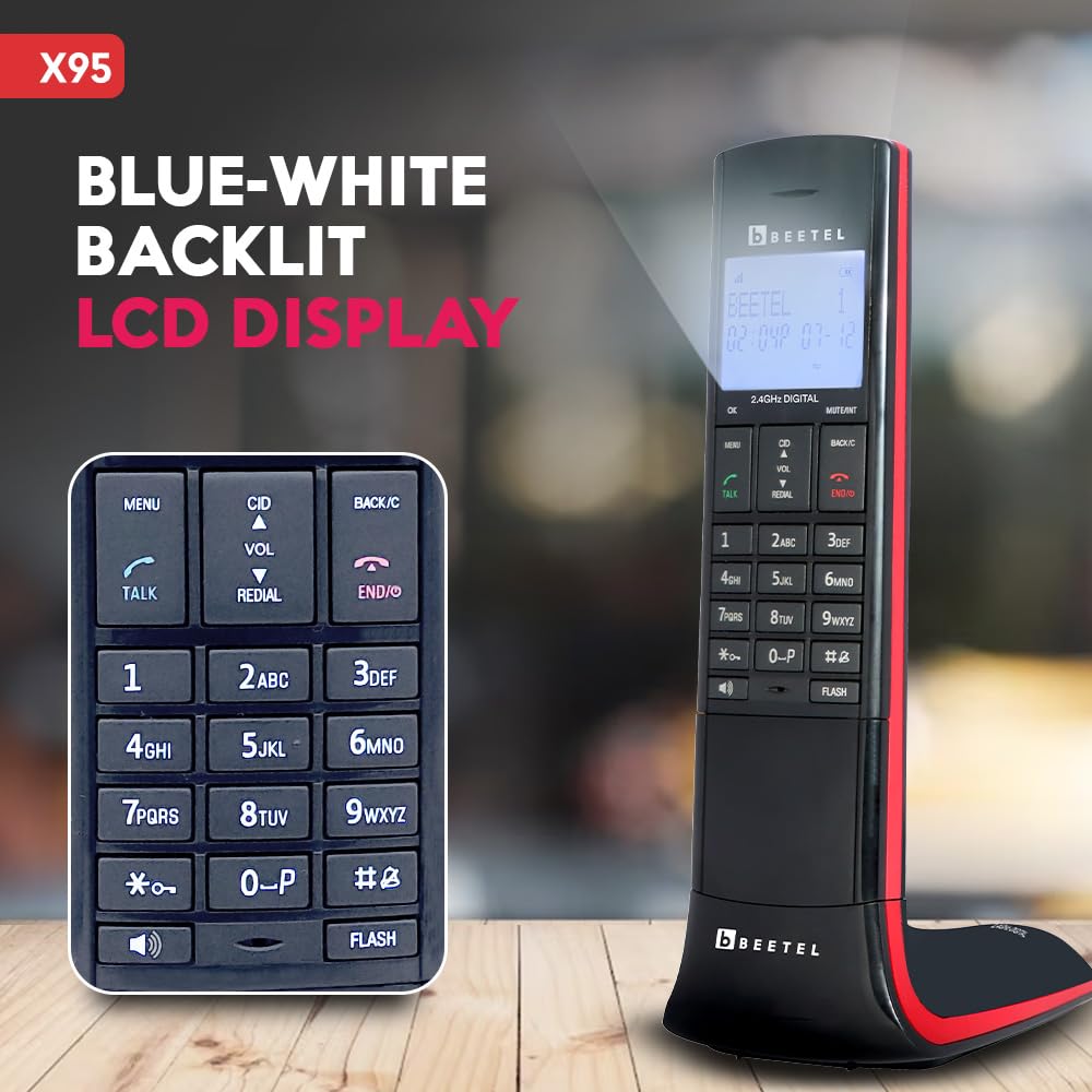 Beetel X95 Flagship Designer Expandable Cordless Landline Phone,Proudly Designed in India,2.4Ghz,Dual Tone,Blue-White LCD,2-Way Speaker Phone,Ringer & Volume Control,Auto Answer,Alarm(X95)