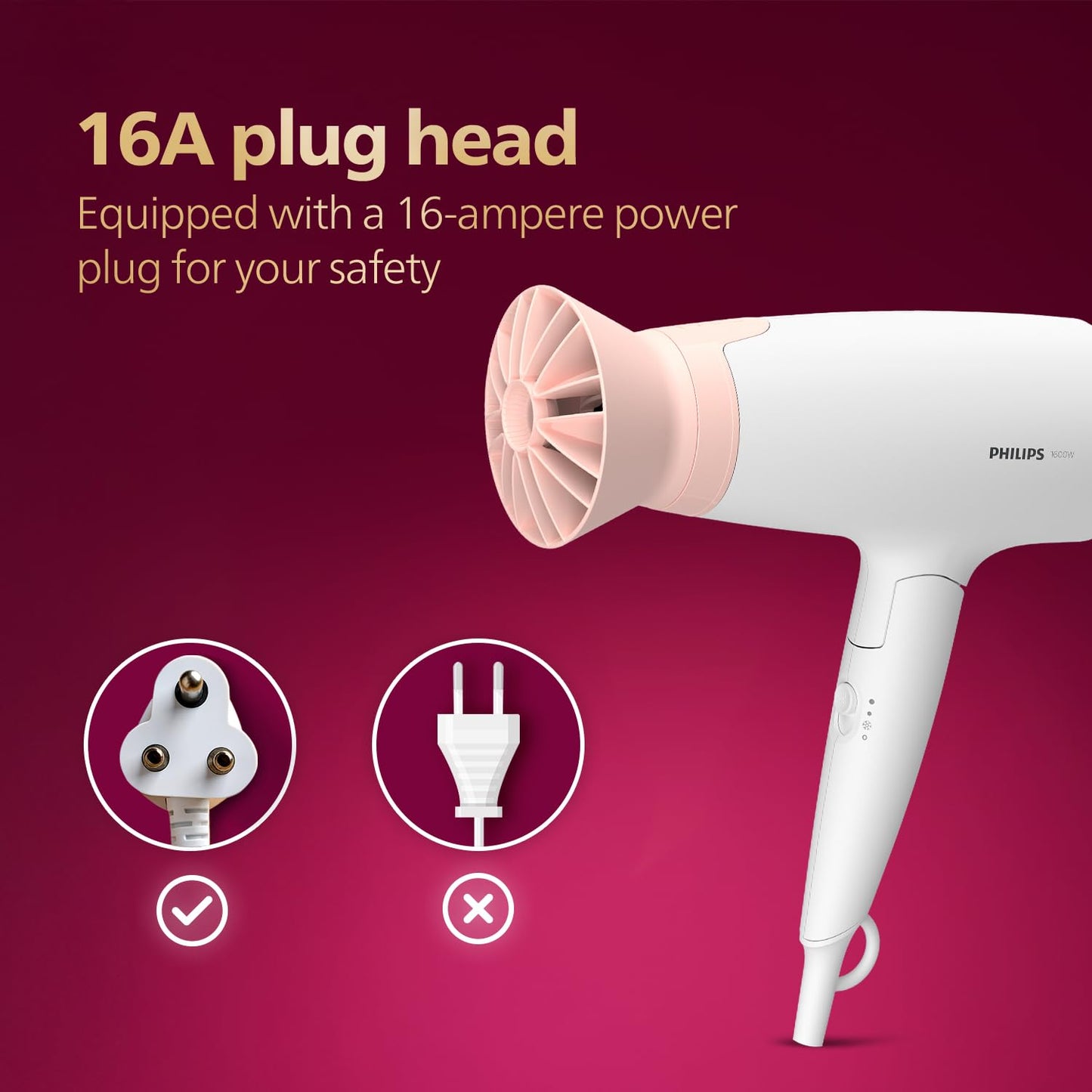 Philips Foldable Hair Dryer 1600 Watts| Powerful Salon-like Blow Drying with Less Heat | 3 Heat Settings with Cool Shot (Hot/Cool/Warm) | ThermoProtect Airflower Attachment- Pink | BHD308/30 - White | Perfect Blow Dry & Style for Men and Women
