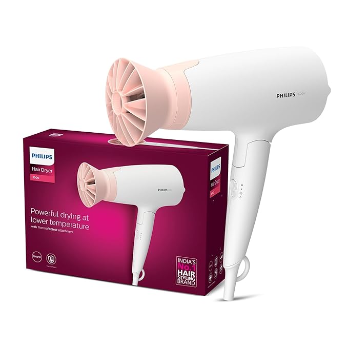 Philips Foldable Hair Dryer 1600 Watts| Powerful Salon-like Blow Drying with Less Heat | 3 Heat Settings with Cool Shot (Hot/Cool/Warm) | ThermoProtect Airflower Attachment- Pink | BHD308/30 - White | Perfect Blow Dry & Style for Men and Women