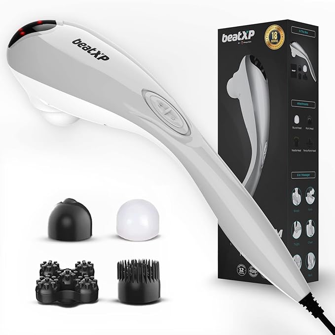 beatXP Stream Prime Full Body Massager Machine for Pain Relief with 4 Attachments - Electric Back Massager for Pain Relief and Relaxation, Back, Leg & Foot, with 18 Months Warranty (Silver)
