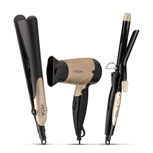 Vega Miss Versatile Styling Set Straightener, Curler & Dryer Gift Combo for Women, 1000W Hair Dryer with 2 Head/Speed Setting, Hair Straightener & Curler comes with Ceramic Coated, (VHSS-03), Black