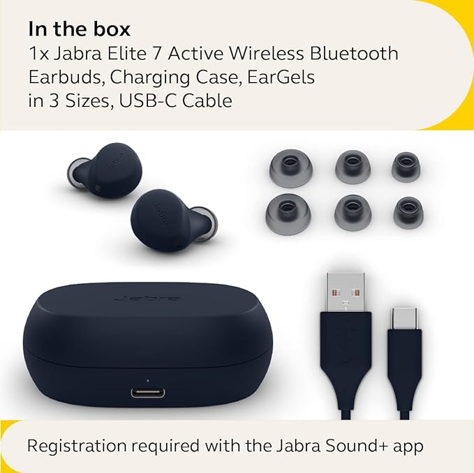 Jabra Elite 7 ActiveTrue Wireless Earbuds — Bluetooth Sports Earbuds with Jabra Shake Grip for Secure in-Ear Fit — Ultimate Workout Earbuds, Adjustable Active Noise Cancellation, Fast Charging — Navy