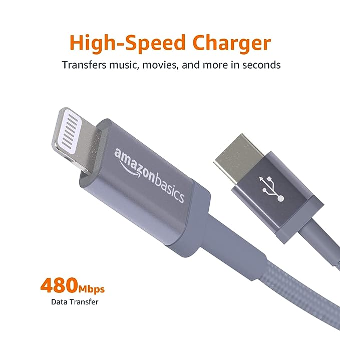 Amazon Basics Mfi Certified 1.8M Usb C To Lightning Aluminum With Nylon Braided Charging Cable (Grey)