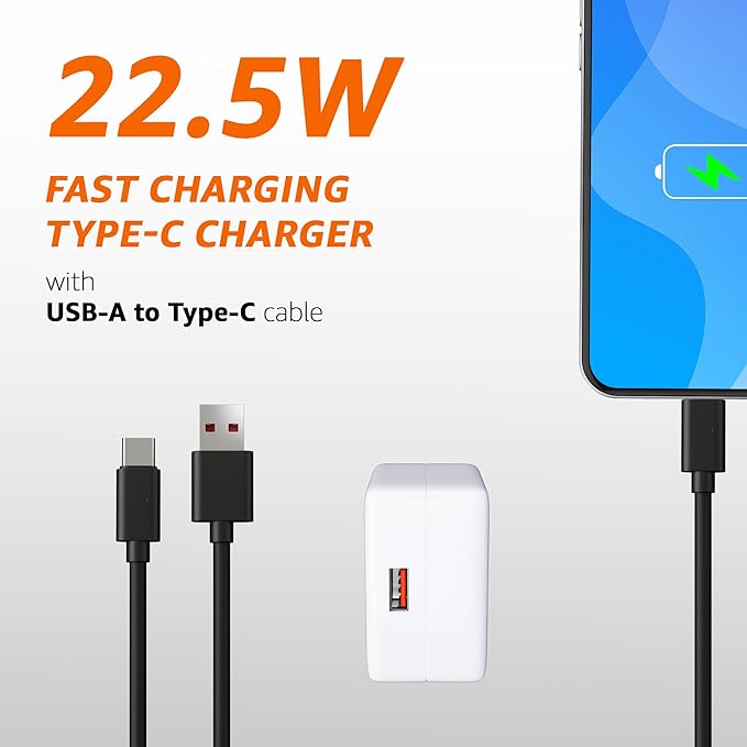 Amazon Basics 22.5W USB-A Charger + Type A to Type C PVC Cable | Fast Charging Wall Adapter (White) with 22.5W Cable Included | Compatible with Oppo, Samsung, Redmi and Hauwei Phones