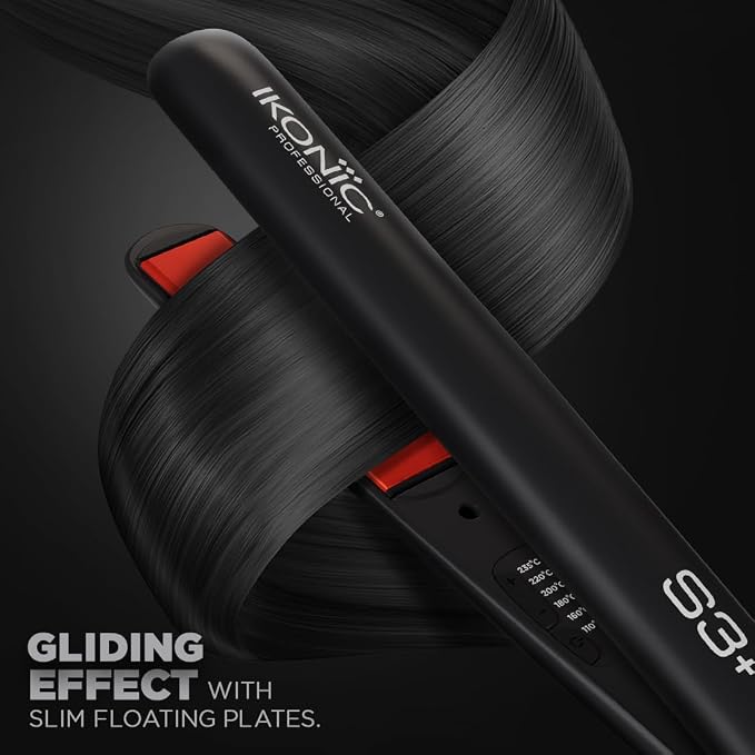 Ikonic Professional S3+ Hair Straightener, 1 Inch Ceramic Floating Plates With Ionic Technology, Adjustable Temperature Control Up To 230°C, Instant Heat Up, Slim Plates For Precision Styling, Short Hair & Bangs, Black & Red