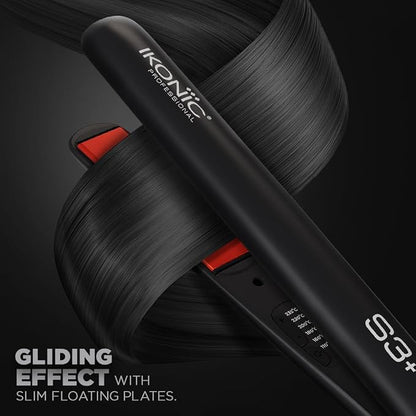 Ikonic Professional S3+ Hair Straightener, 1 Inch Ceramic Floating Plates With Ionic Technology, Adjustable Temperature Control Up To 230°C, Instant Heat Up, Slim Plates For Precision Styling, Short Hair & Bangs, Black & Red