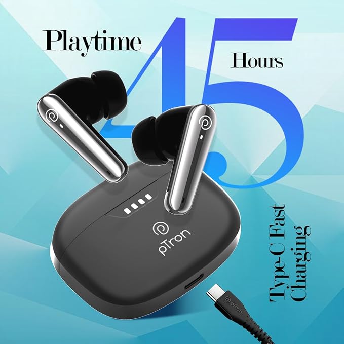 pTron Newly Launched Bassbuds Prism TWS Earbuds with 3D AudioScape, 45Hrs Playtime, TruTalk AI-ENC Calls, 50ms Low Latency Sync, BT5.3, Type-C Fast Charging, Voice Asst. & IPX5 Water Resistant (Black)